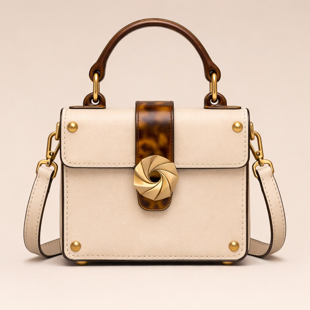Cream Leather Trunk Bag with Tortoiseshell Handle