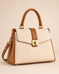 Cream & Tan Leather Top Handle Handbag with Gold Lock | Made to Order