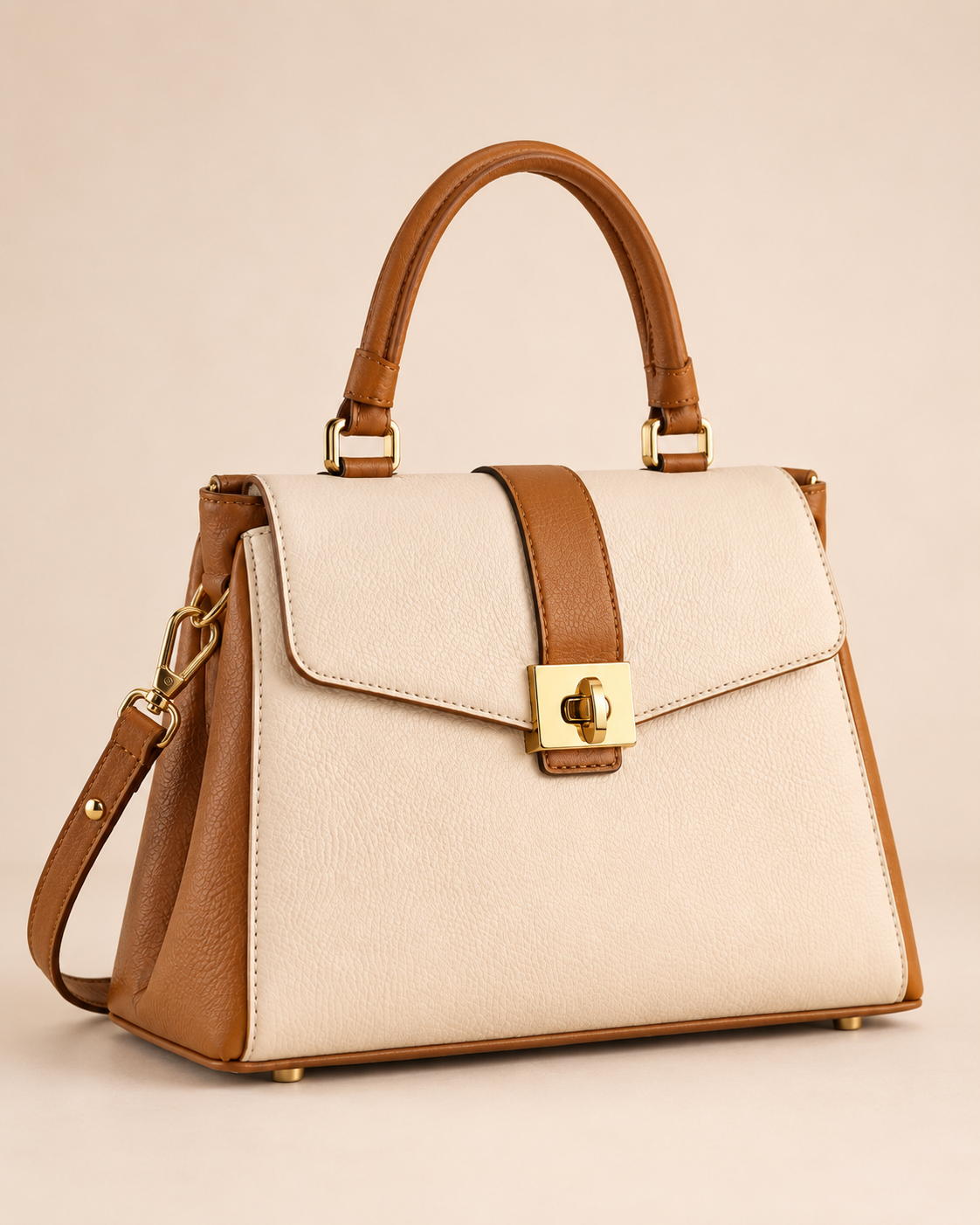 Cream & Tan Leather Top Handle Handbag with Gold Lock | Made to Order