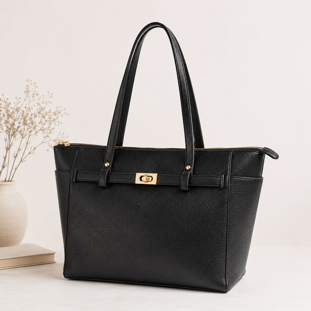 Black Leather Work Tote for Women | 15-Inch Laptop Office Bag | Made to Order