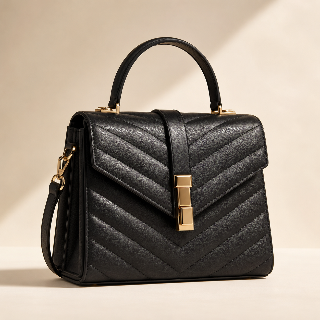 Noir Chevron Leather Top Handle Handbag with Gold Clasp | Made to Order