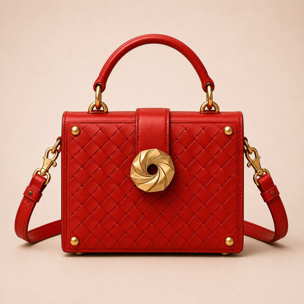 Red Woven Leather Mini Trunk Bag, Structured Top Handle Crossbody Purse