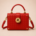 Red Woven Leather Mini Trunk Bag, Structured Top Handle Crossbody Purse