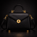 Black Leather Trunk Handbag with Embossed Woven Panel and Gold Swirl Lock