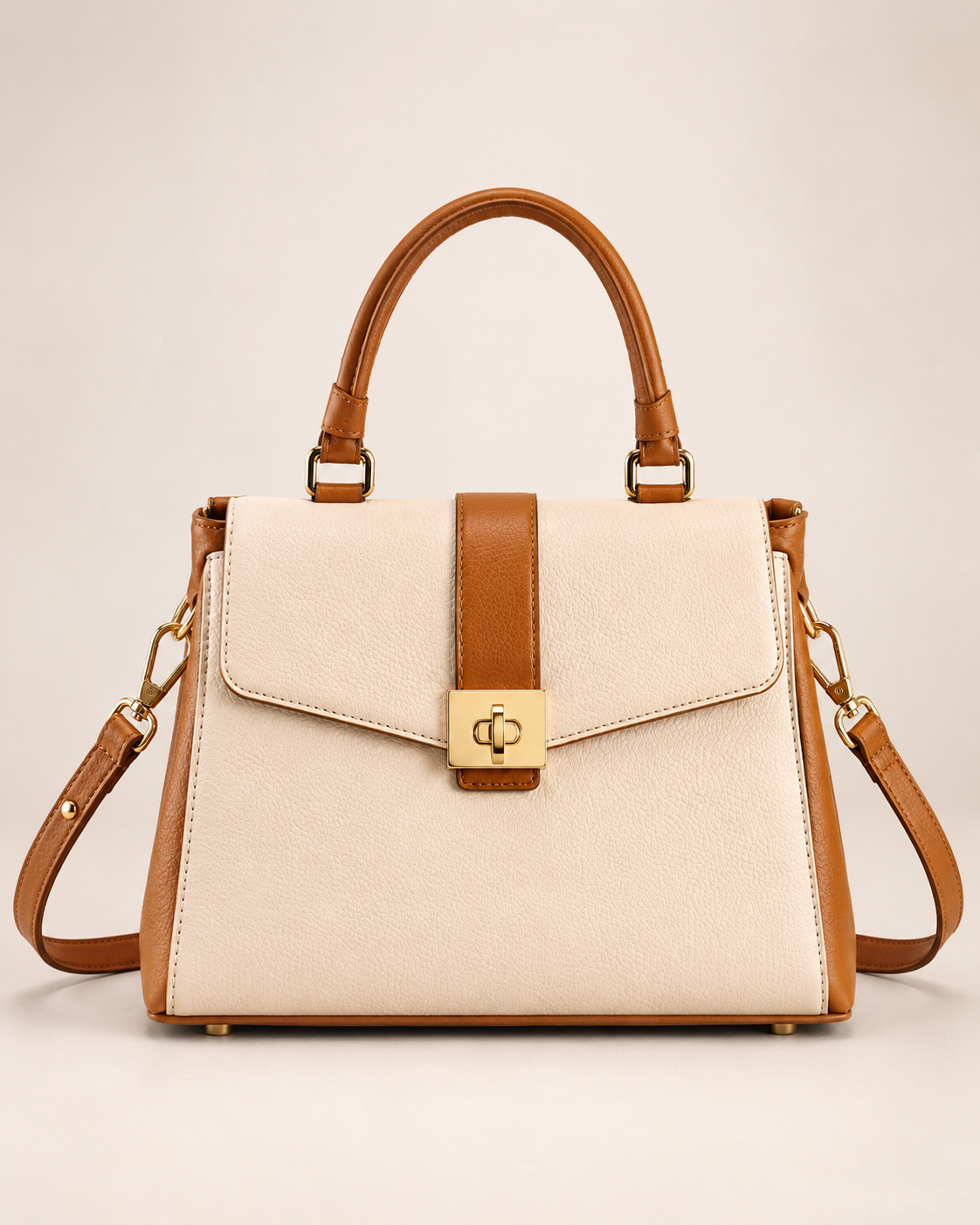 Cream & Tan Leather Top Handle Handbag with Gold Lock | Made to Order