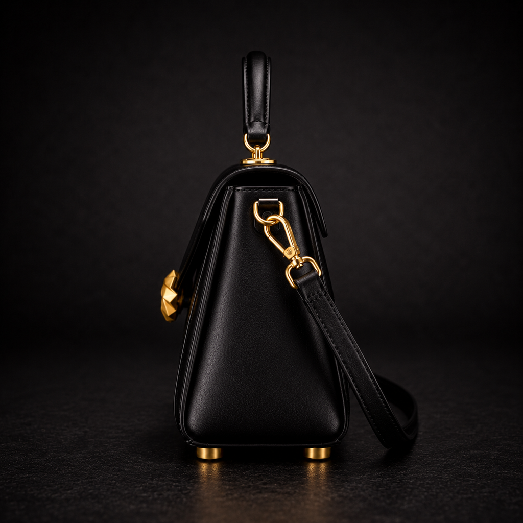 Black Leather Trunk Handbag with Embossed Woven Panel and Gold Swirl Lock