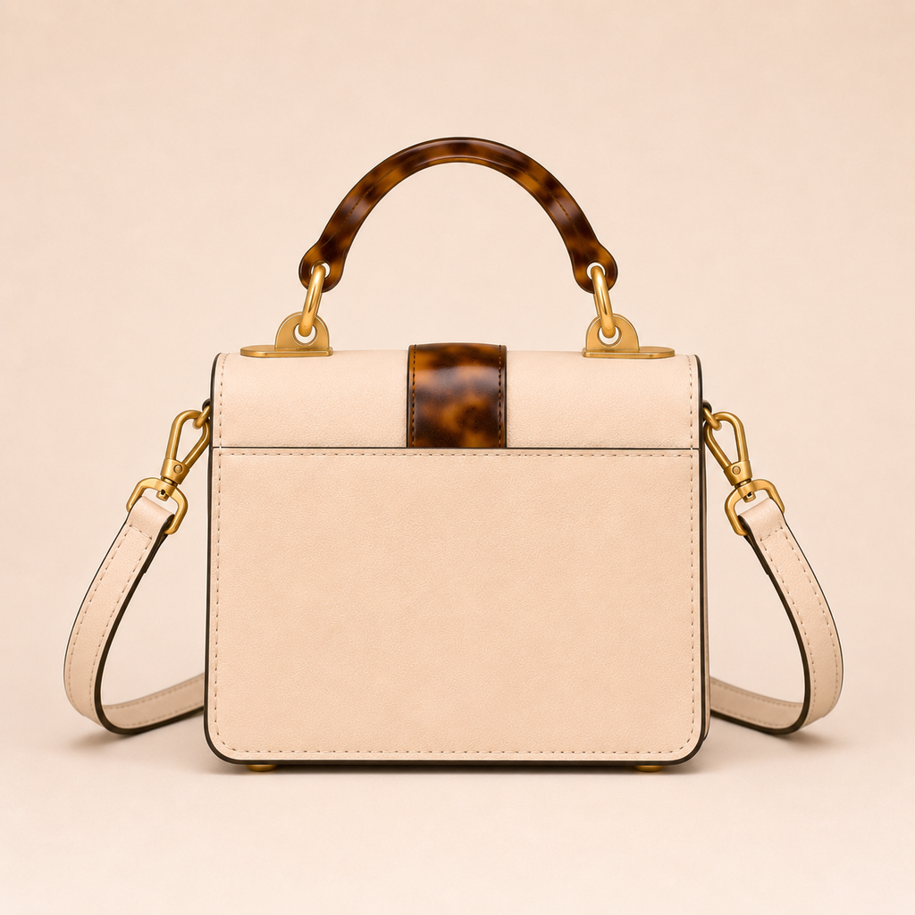 Cream Leather Trunk Bag with Tortoiseshell Handle