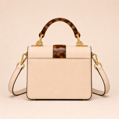 Cream Leather Trunk Bag with Tortoiseshell Handle