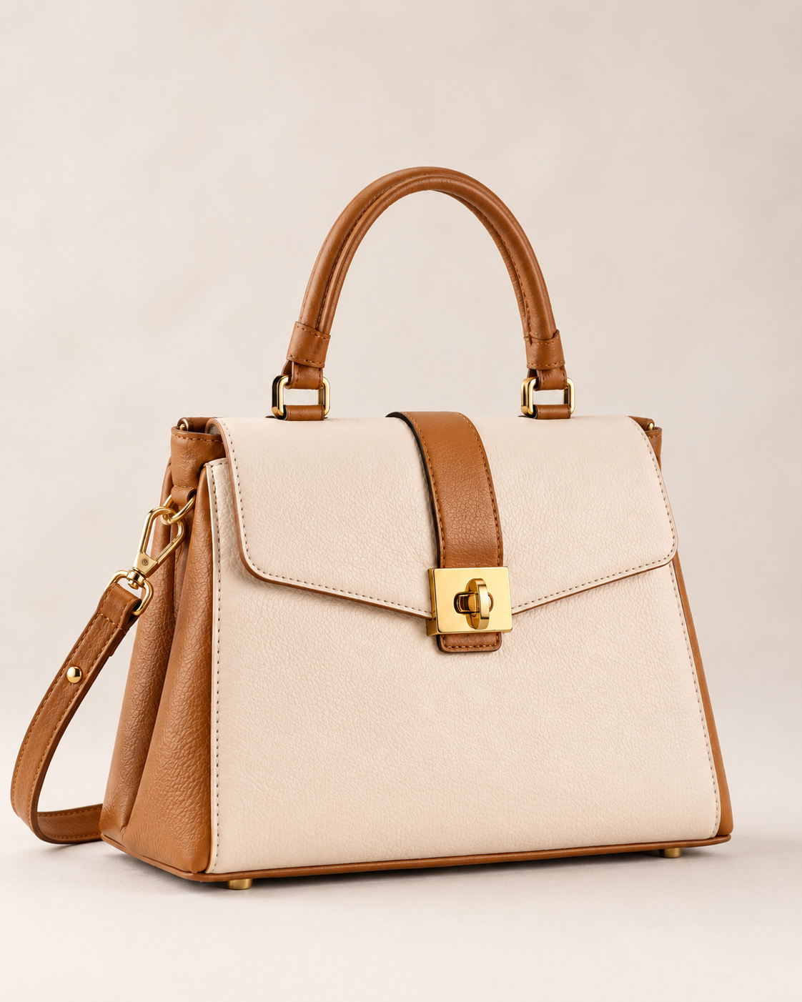 Cream & Tan Leather Top Handle Handbag with Gold Lock | Made to Order