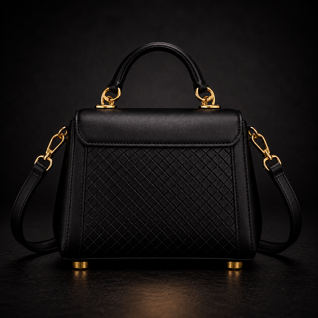 Black Leather Trunk Handbag with Embossed Woven Panel and Gold Swirl Lock