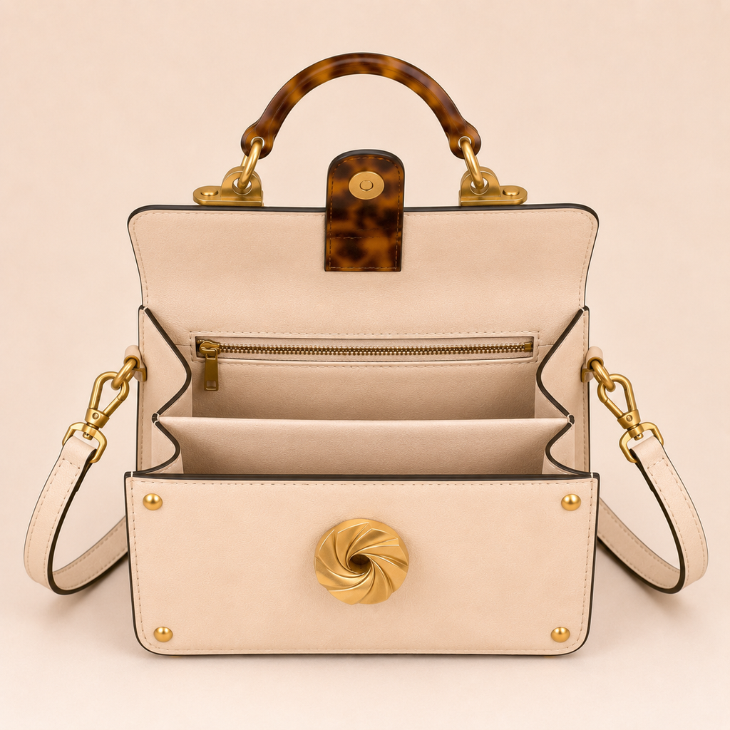 Cream Leather Trunk Bag with Tortoiseshell Handle