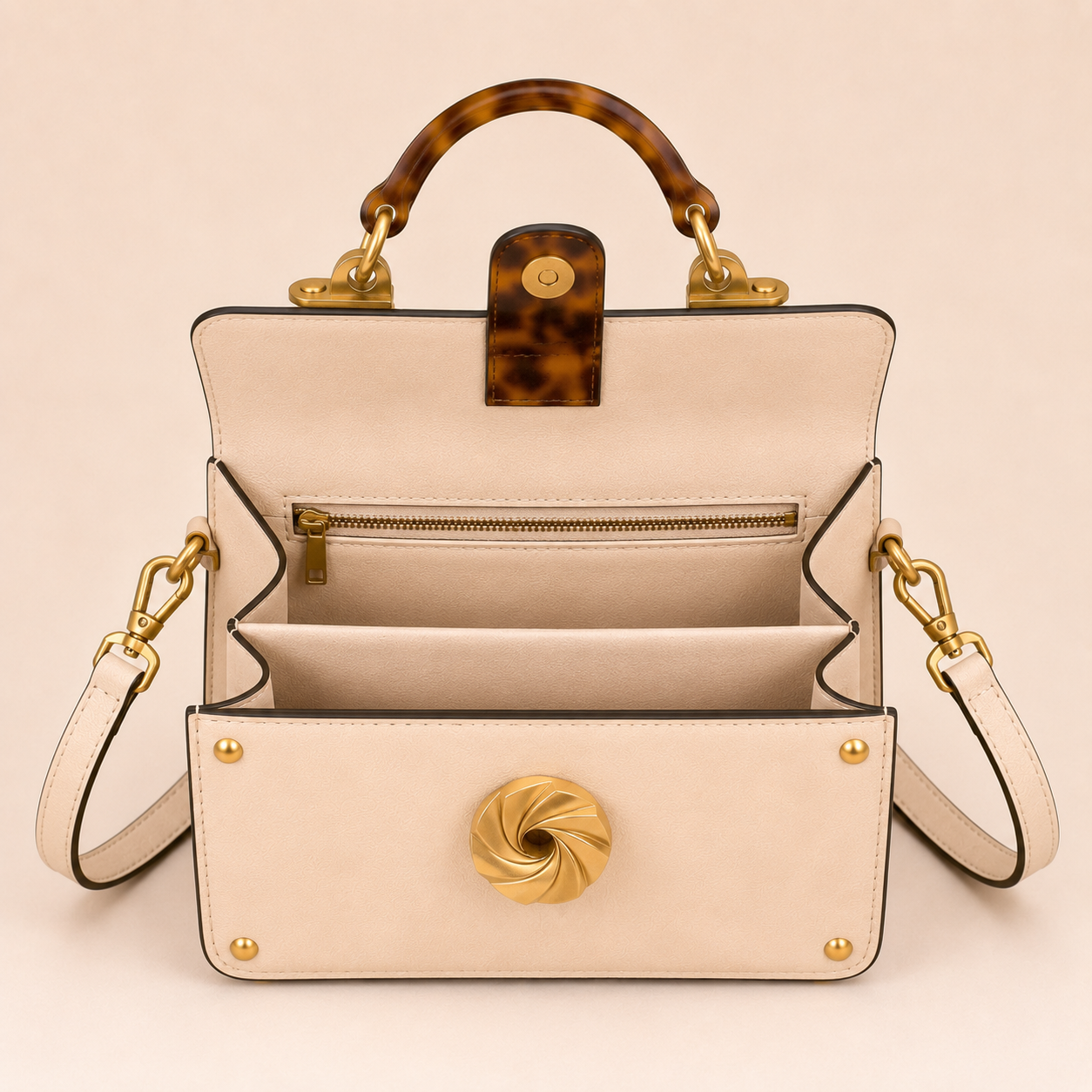 Cream Leather Trunk Bag with Tortoiseshell Handle