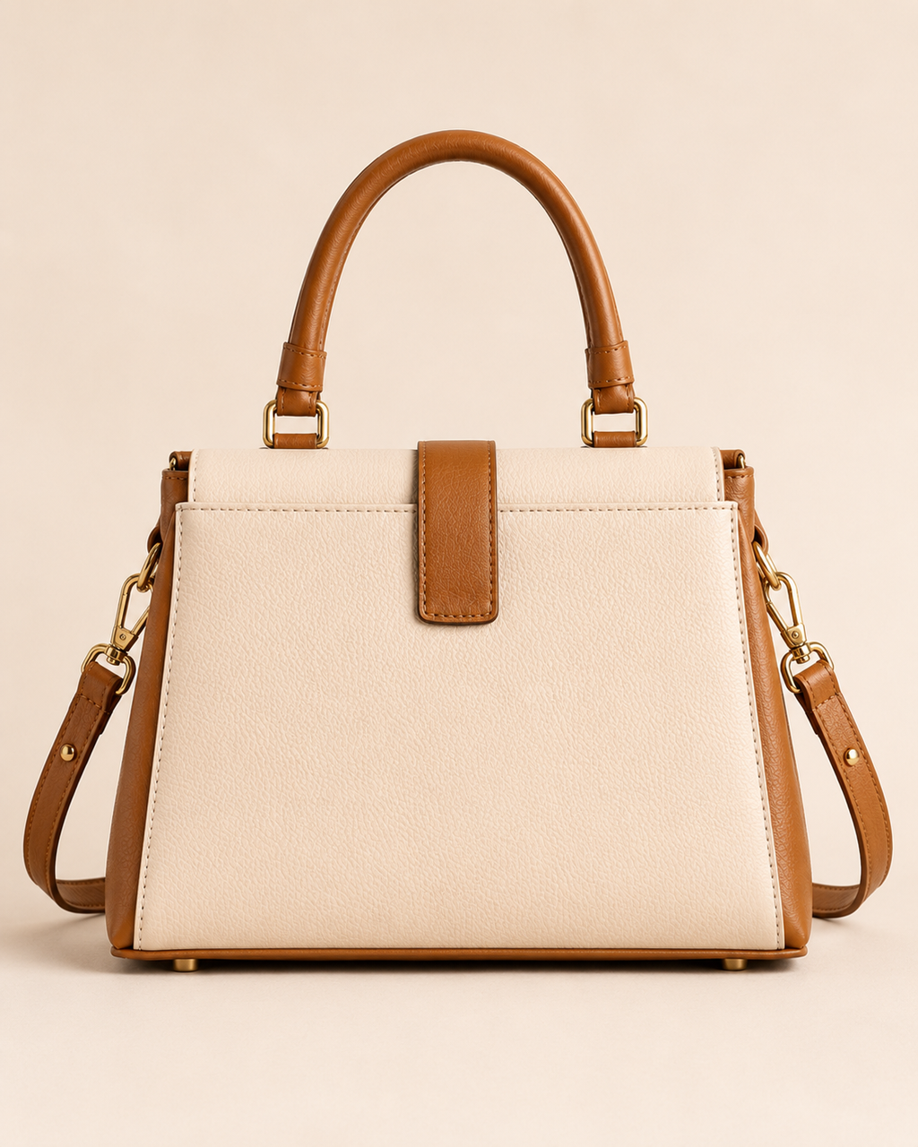 Cream & Tan Leather Top Handle Handbag with Gold Lock | Made to Order