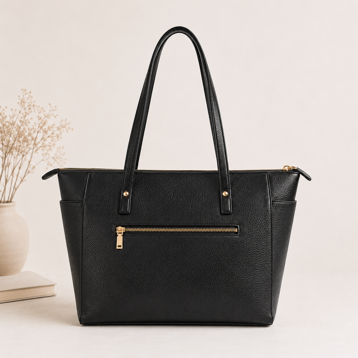Black Leather Work Tote for Women | 15-Inch Laptop Office Bag | Made to Order