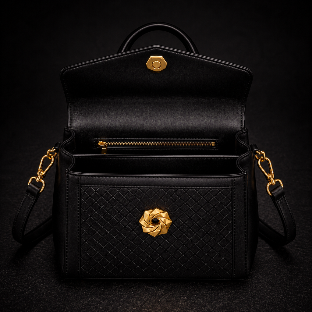 Black Leather Trunk Handbag with Embossed Woven Panel and Gold Swirl Lock