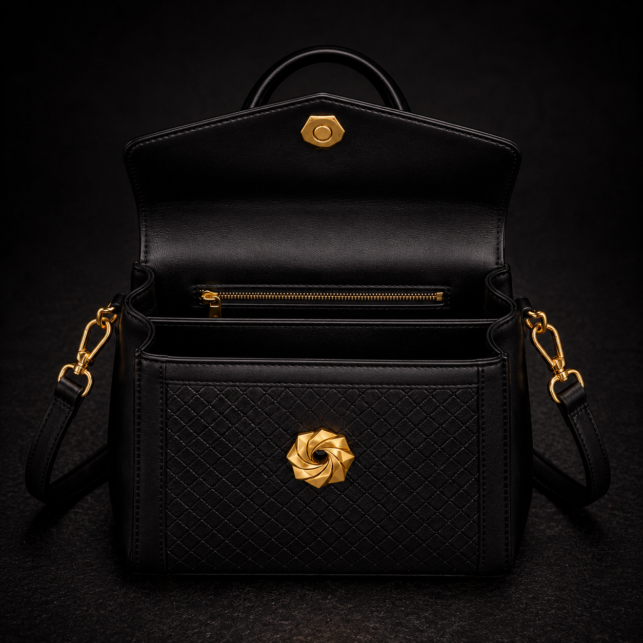 Black Leather Trunk Handbag with Embossed Woven Panel and Gold Swirl Lock