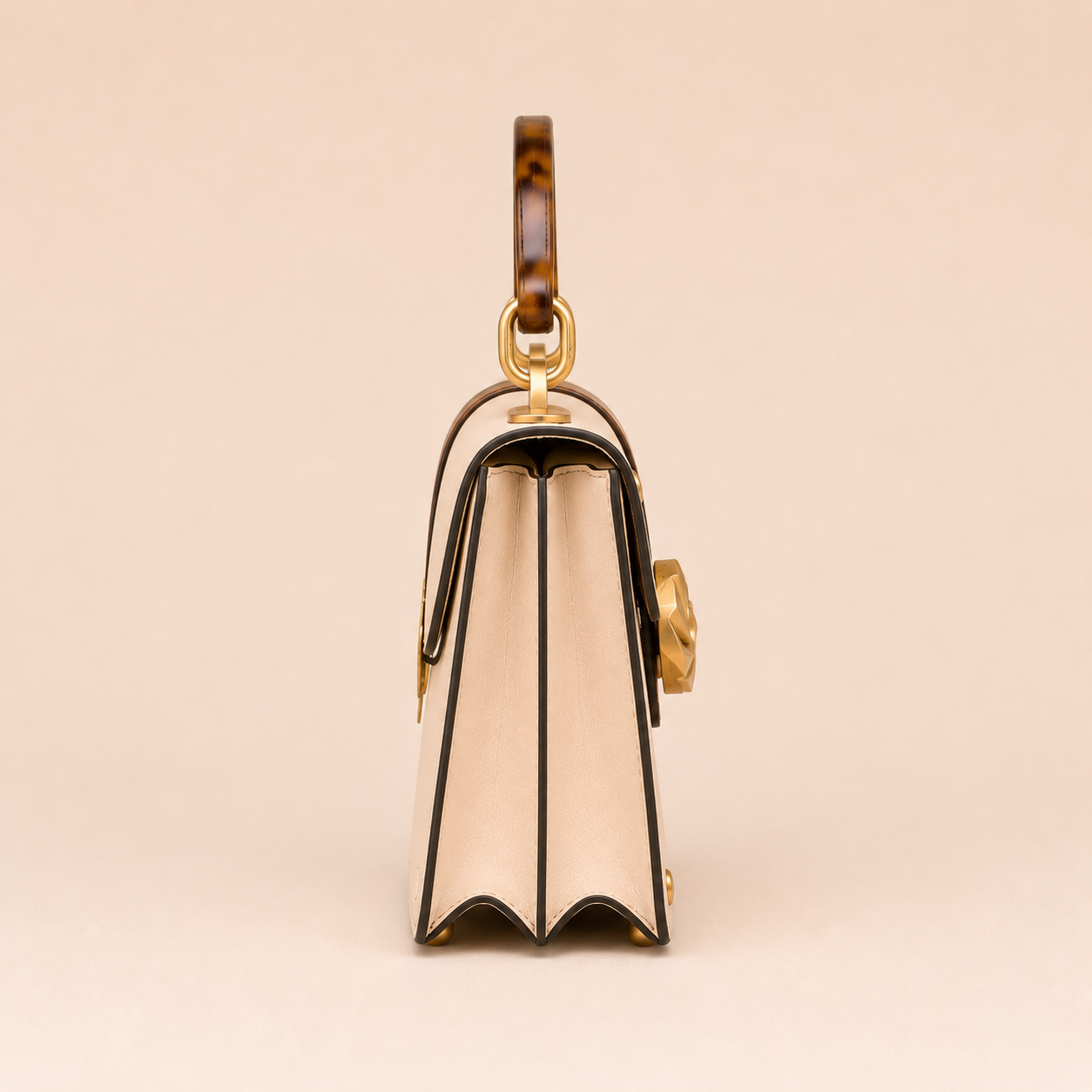 Cream Leather Trunk Bag with Tortoiseshell Handle
