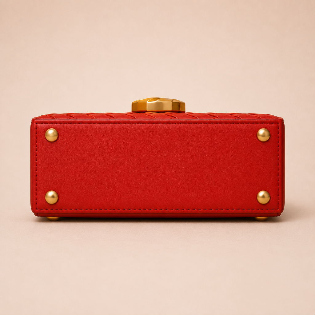 Red Woven Leather Mini Trunk Bag, Structured Top Handle Crossbody Purse