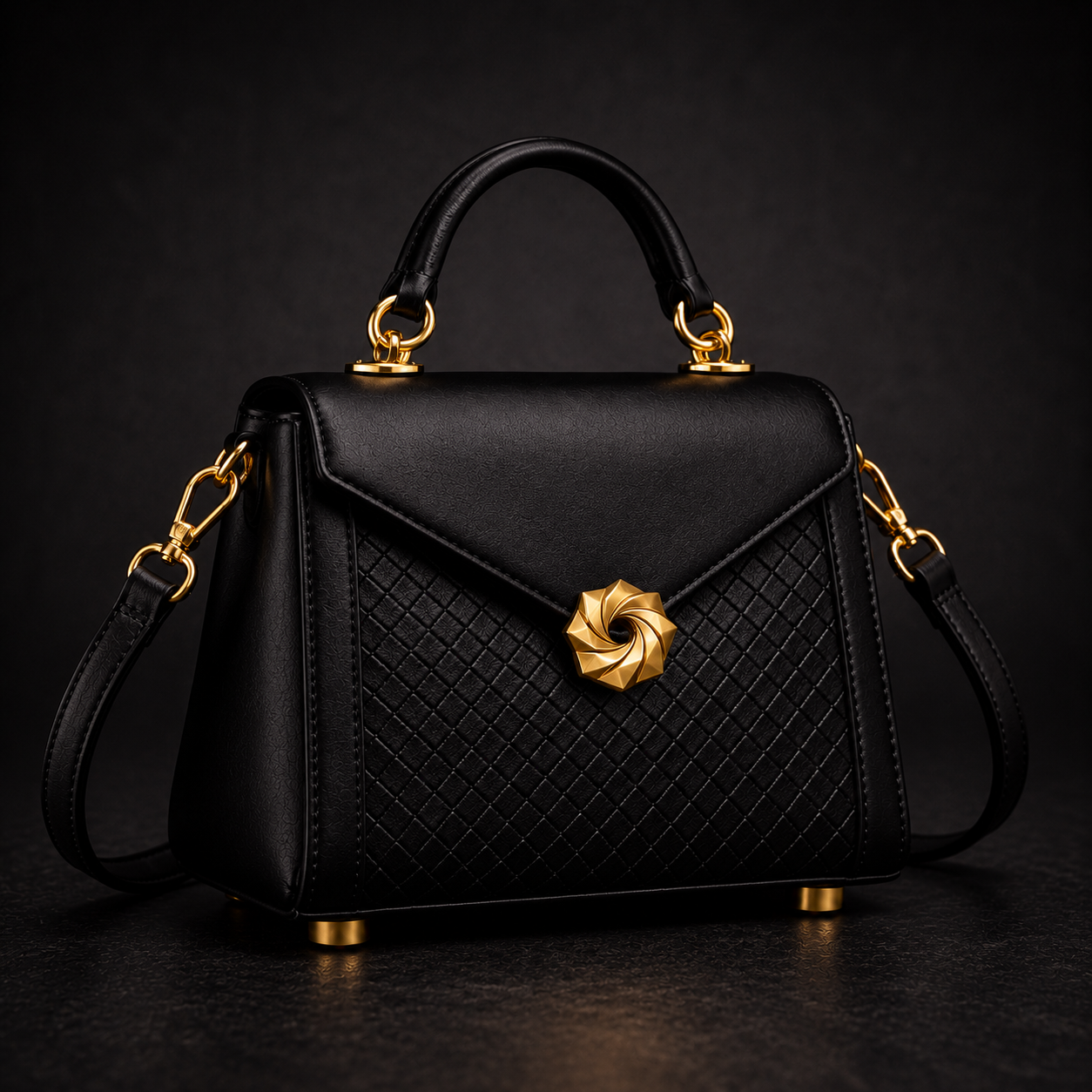 Black Leather Trunk Handbag with Embossed Woven Panel and Gold Swirl Lock
