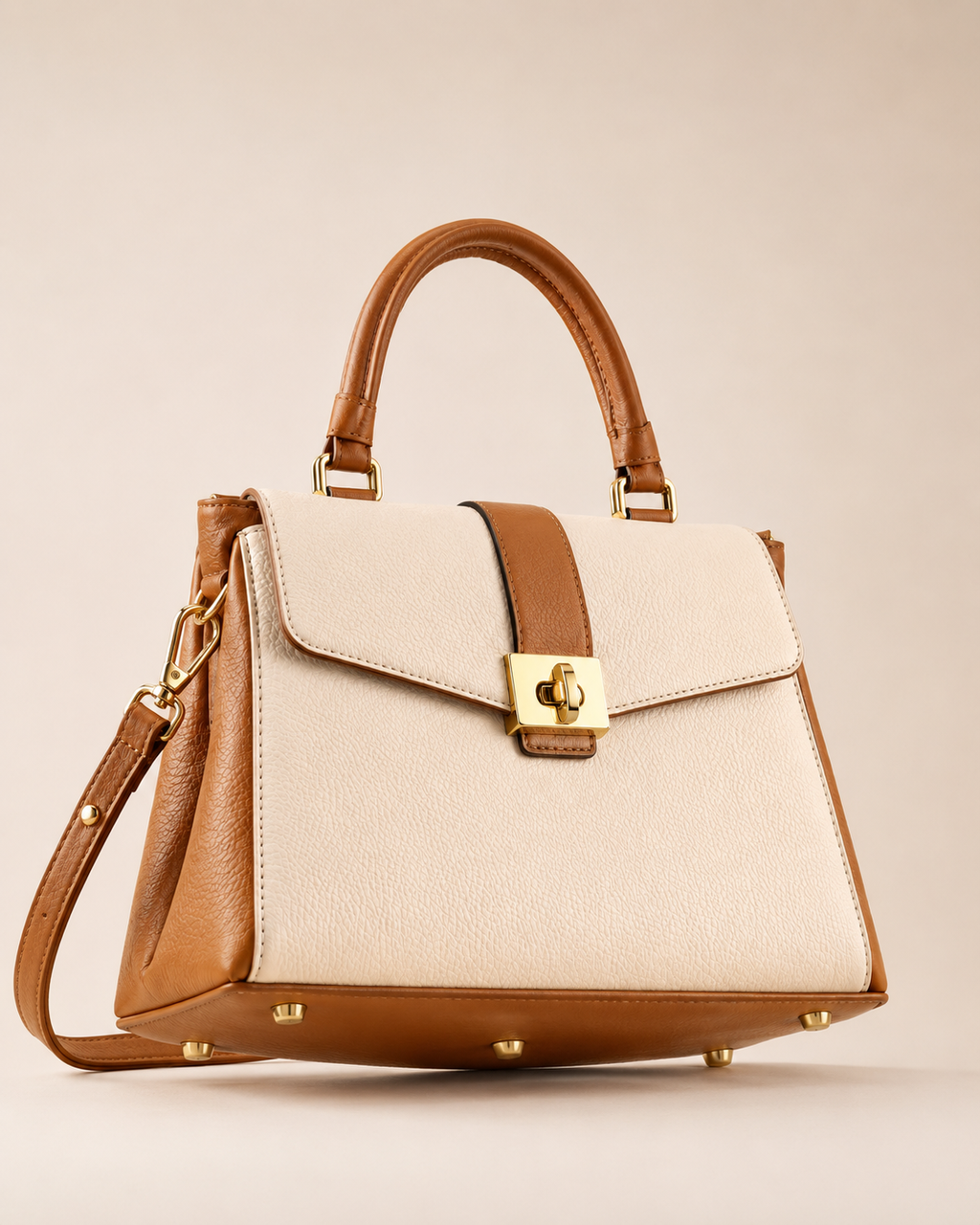 Cream & Tan Leather Top Handle Handbag with Gold Lock | Made to Order
