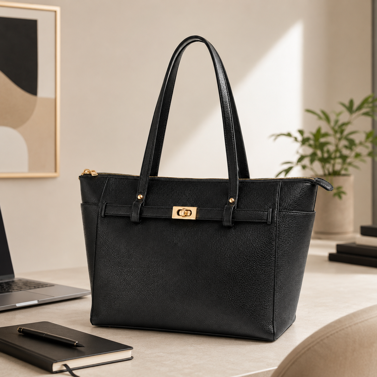 Black Leather Work Tote for Women | 15-Inch Laptop Office Bag | Made to Order