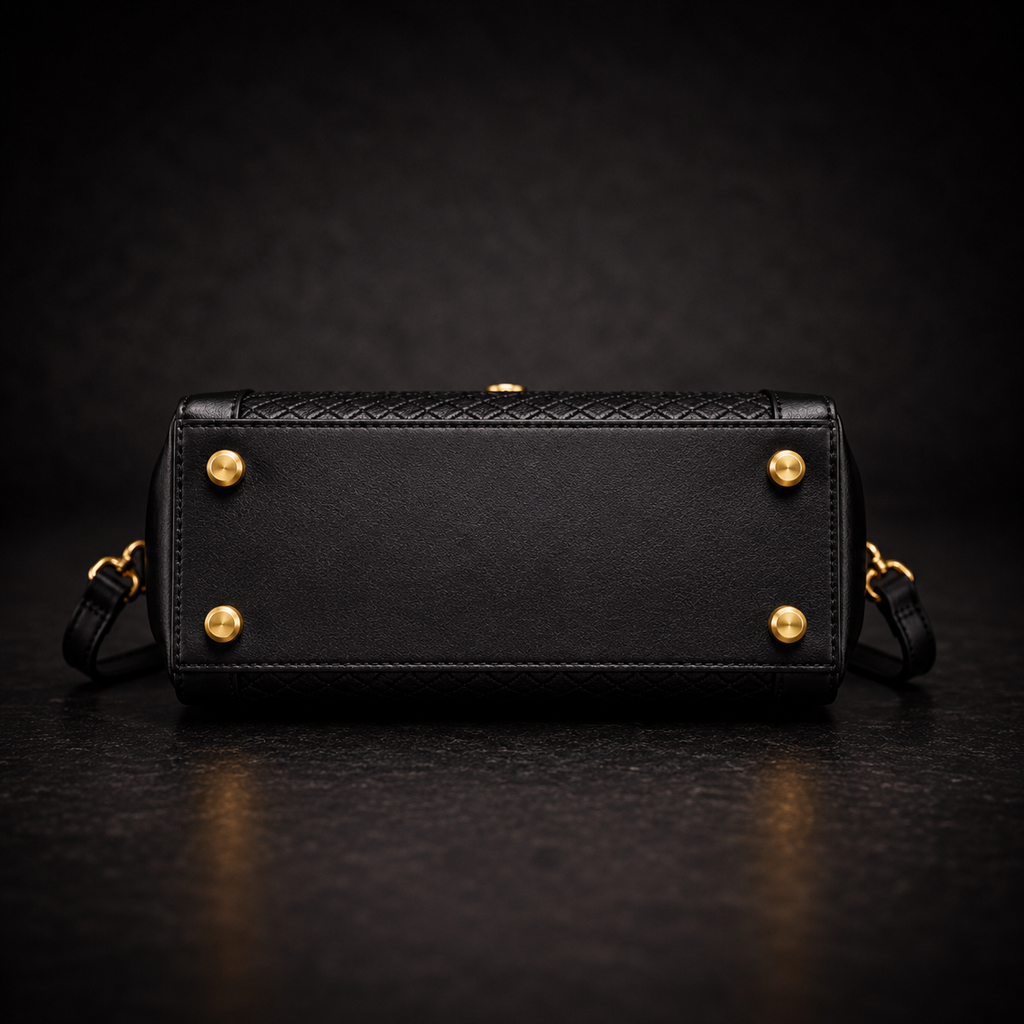 Black Leather Trunk Handbag with Embossed Woven Panel and Gold Swirl Lock
