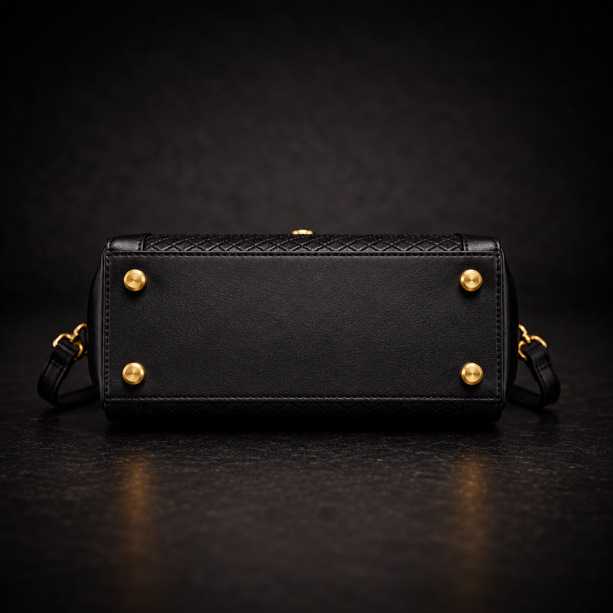 Black Leather Trunk Handbag with Embossed Woven Panel and Gold Swirl Lock