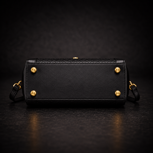 Black Leather Trunk Handbag with Embossed Woven Panel and Gold Swirl Lock