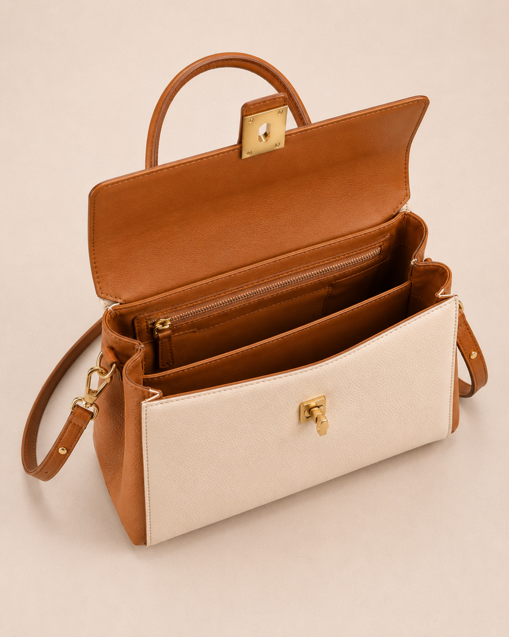 Cream & Tan Leather Top Handle Handbag with Gold Lock | Made to Order